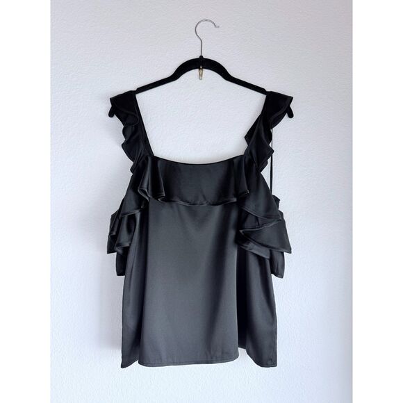NWOT A.L.C. Willow Cold Shoulder Ruffle Sleeve Silk Crepe Blouse in Black Size 6 - Picture 7 of 14